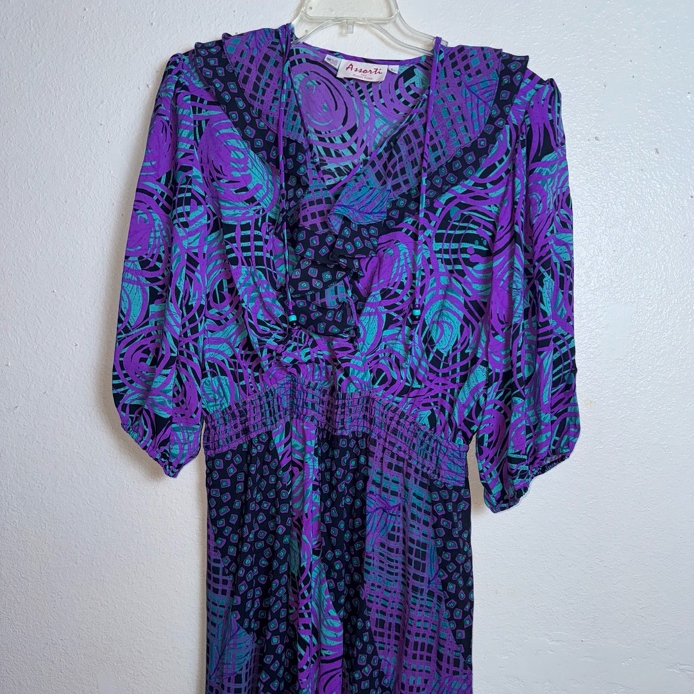 VINT 70s Assorti Susan Freis Floral stripe print Maxi Dress Ruffle multicolor L